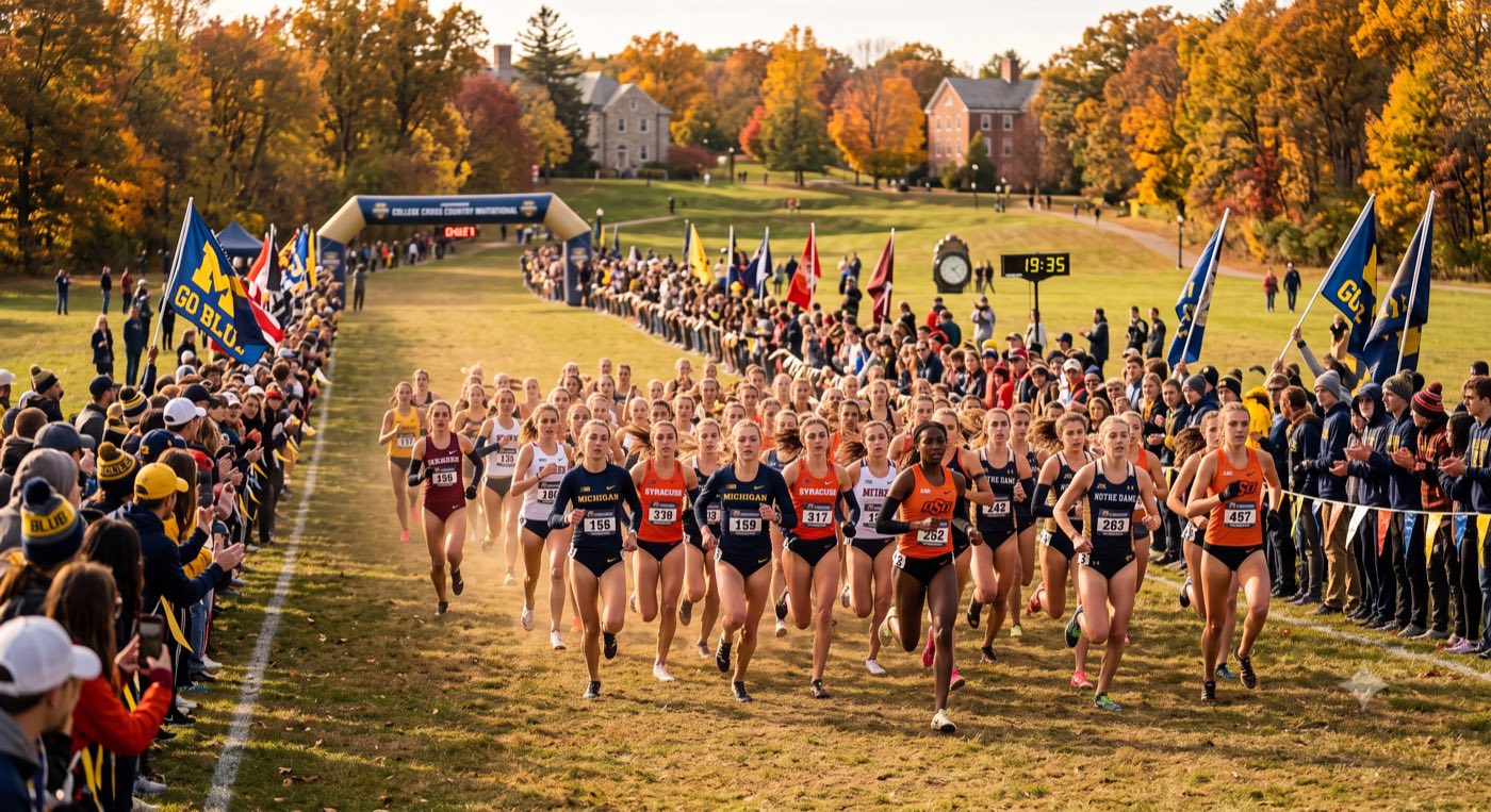 A packed cross country meet start with runners charging down a flag-lined course toward the camera