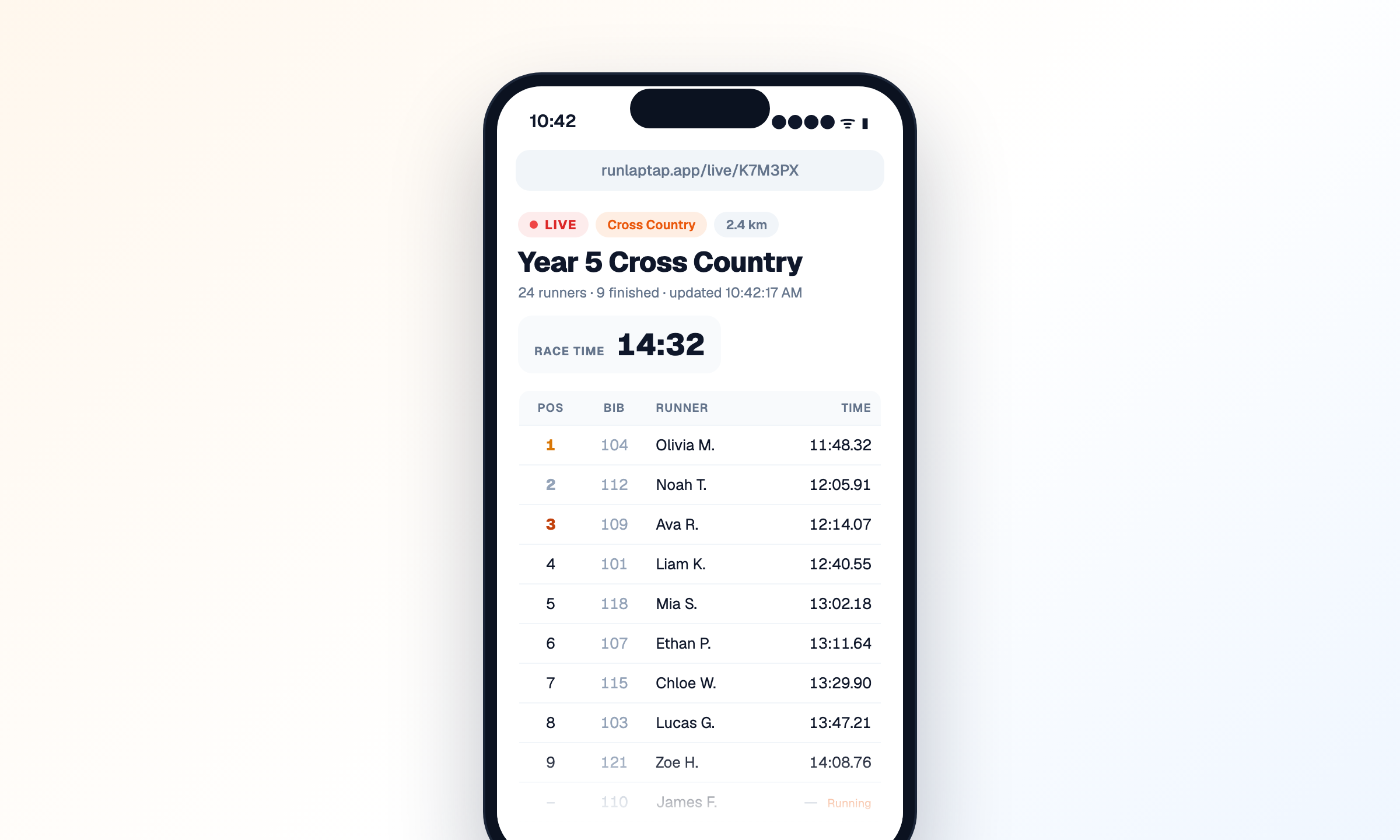 A family's phone showing the Run Lap Tap live results page: a live badge, race clock, and a leaderboard updating as runners finish
